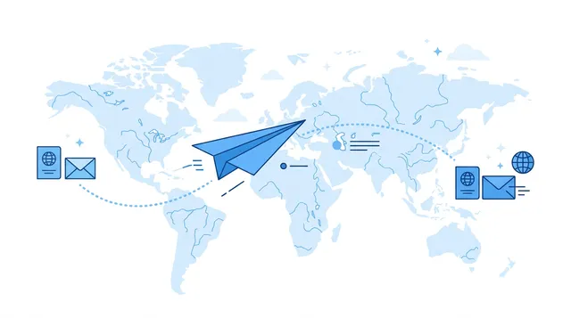 Paper plane flying a dotted path over a world map, from passport and envelope to destination